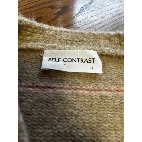 Self Contrast Striped V-Neck Cardigan Sweater Tan Multi Large Balloon Sleeve - Picture 2 of 7